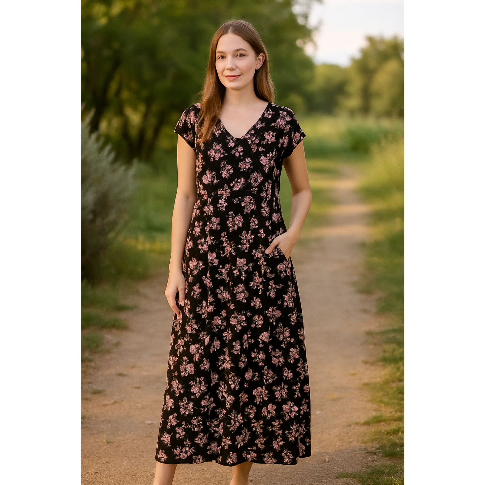 J Jill Maxi Dress Womens Medium Black Floral Pima Cotton Butto Front Pocket Boho